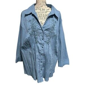 Fred David  2X Blue Embroidered Boho Tunic Button Down Career Whimsical